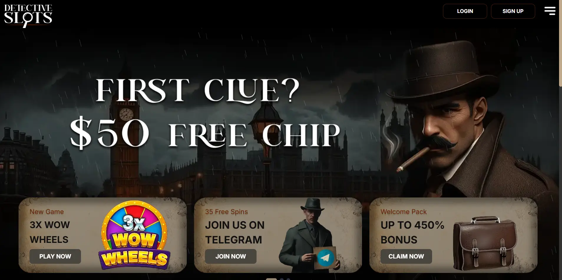 Detective Slots Homepage-Banner mit Free Chip Willkommensangebot.
